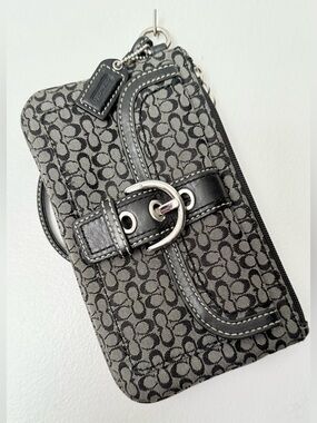 Coach Black and Gray Signature Canvas Phone Wristlet with Buckle Trim